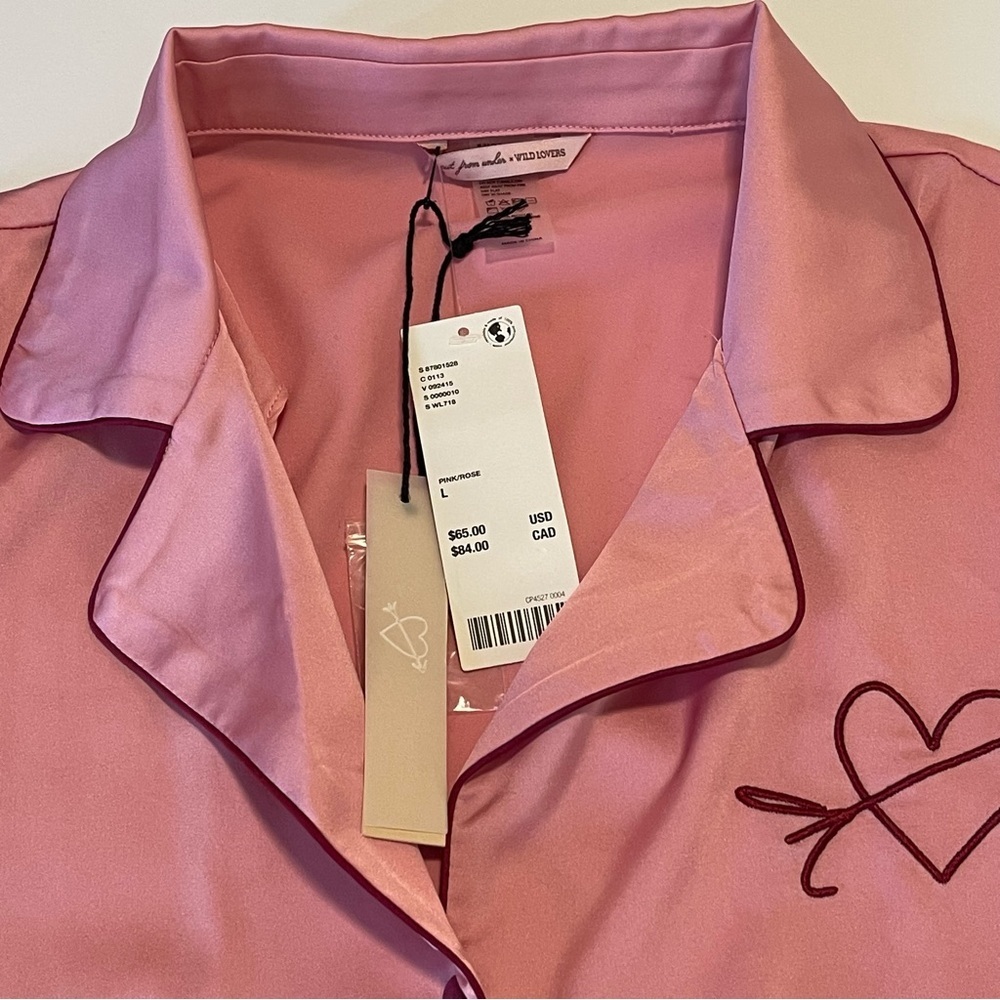 Out From Under x Wild Lovers Pink Pajama Shirt Button Down Heart Satin Large - Picture 7 of 14